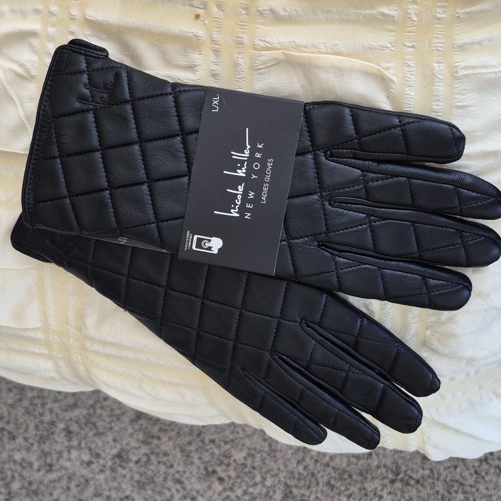 Nicole Miller black quilted vegan leather womens gloves Sz L/XL NWT